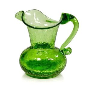 Vintage Kanawha Green Crackle Glass Pitcher Vase 3 1/4" Hand Blown Art Glass MCM